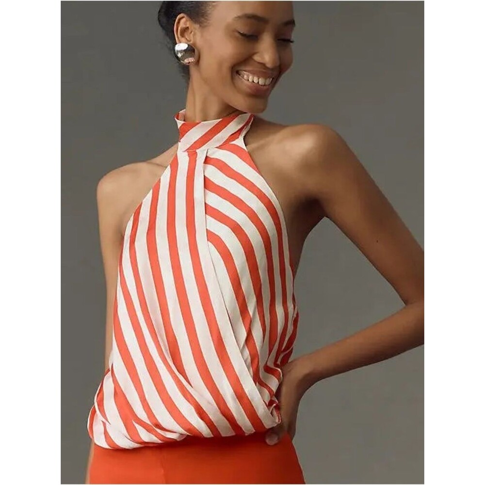 NEW Maeve Halter Scarf Bubble-Hem Tank Top In Red and White Size S